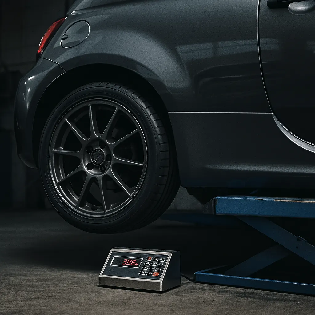 Bilanciamento peso Abarth 500 con misurazione digitale del baricentro