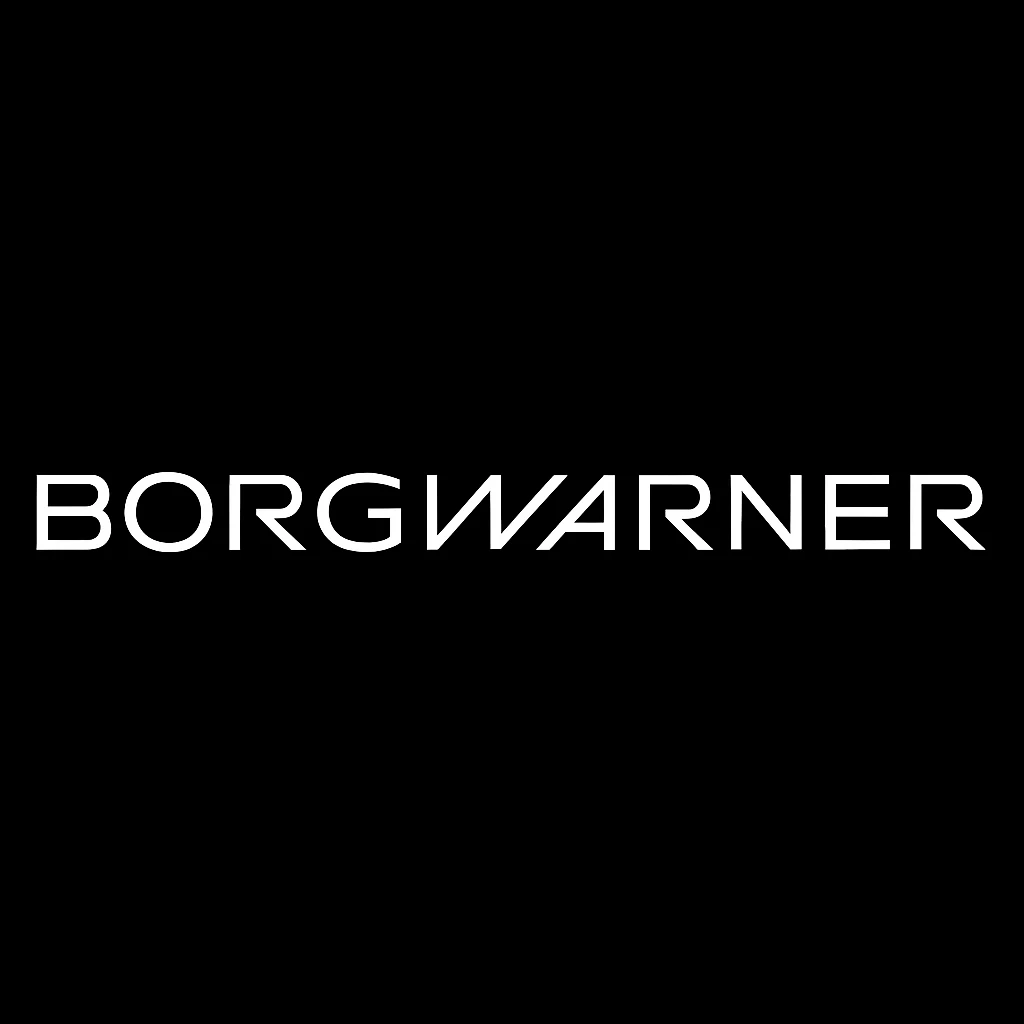 Logo BorgWarner bianco su sfondo nero, azienda leader in turbocompressori e sistemi di sovralimentazione