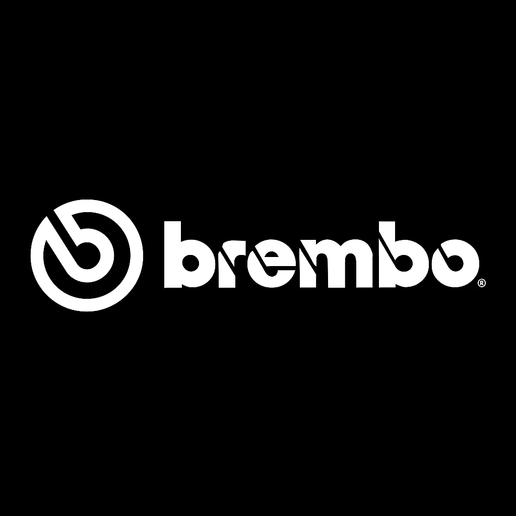 Logo Brembo bianco su sfondo nero, produttore di impianti frenanti ad alte prestazioni