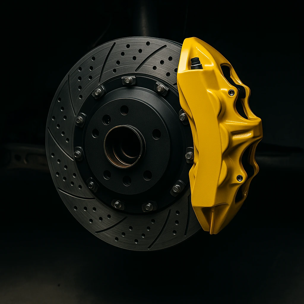 Disco freno forato e baffato con pinza gialla ad alte prestazioni