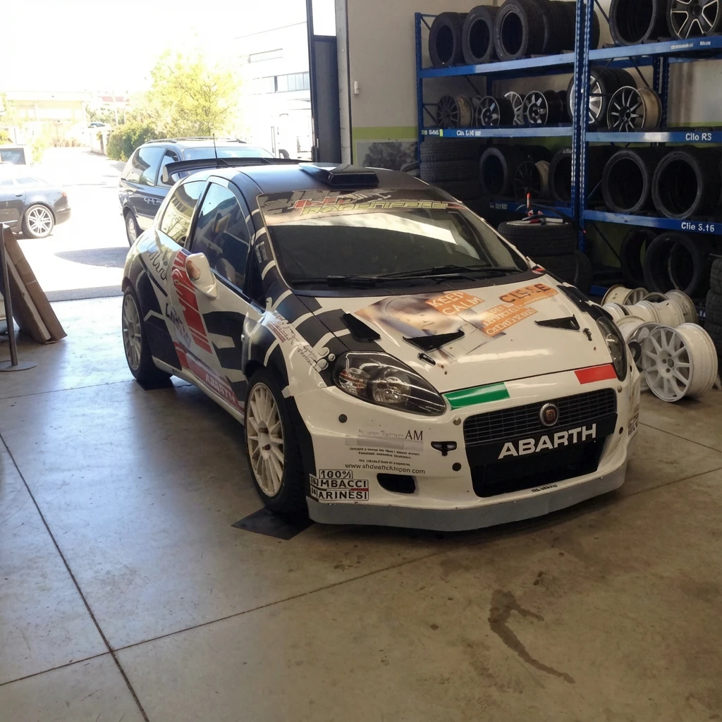 Abarth Grande Punto da rally con livrea sportiva in officina specializzata