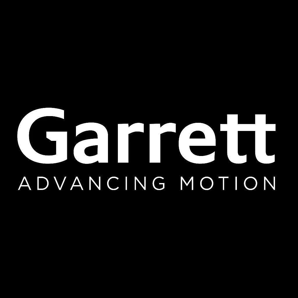 Logo Garrett Advancing Motion bianco su sfondo nero, produttore di turbocompressori ad alte prestazioni