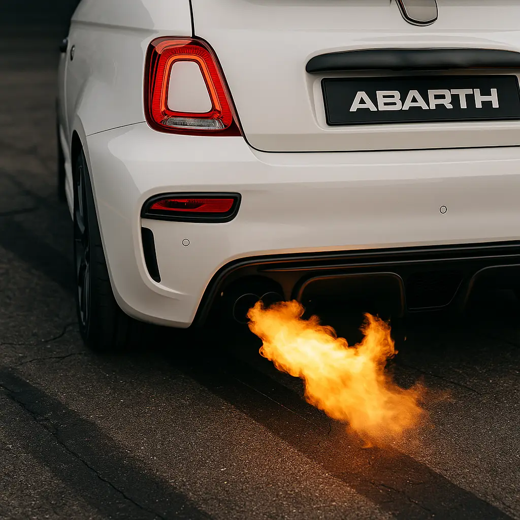 Abarth con fiammata dallo scarico durante hard cut e mappatura sportiva