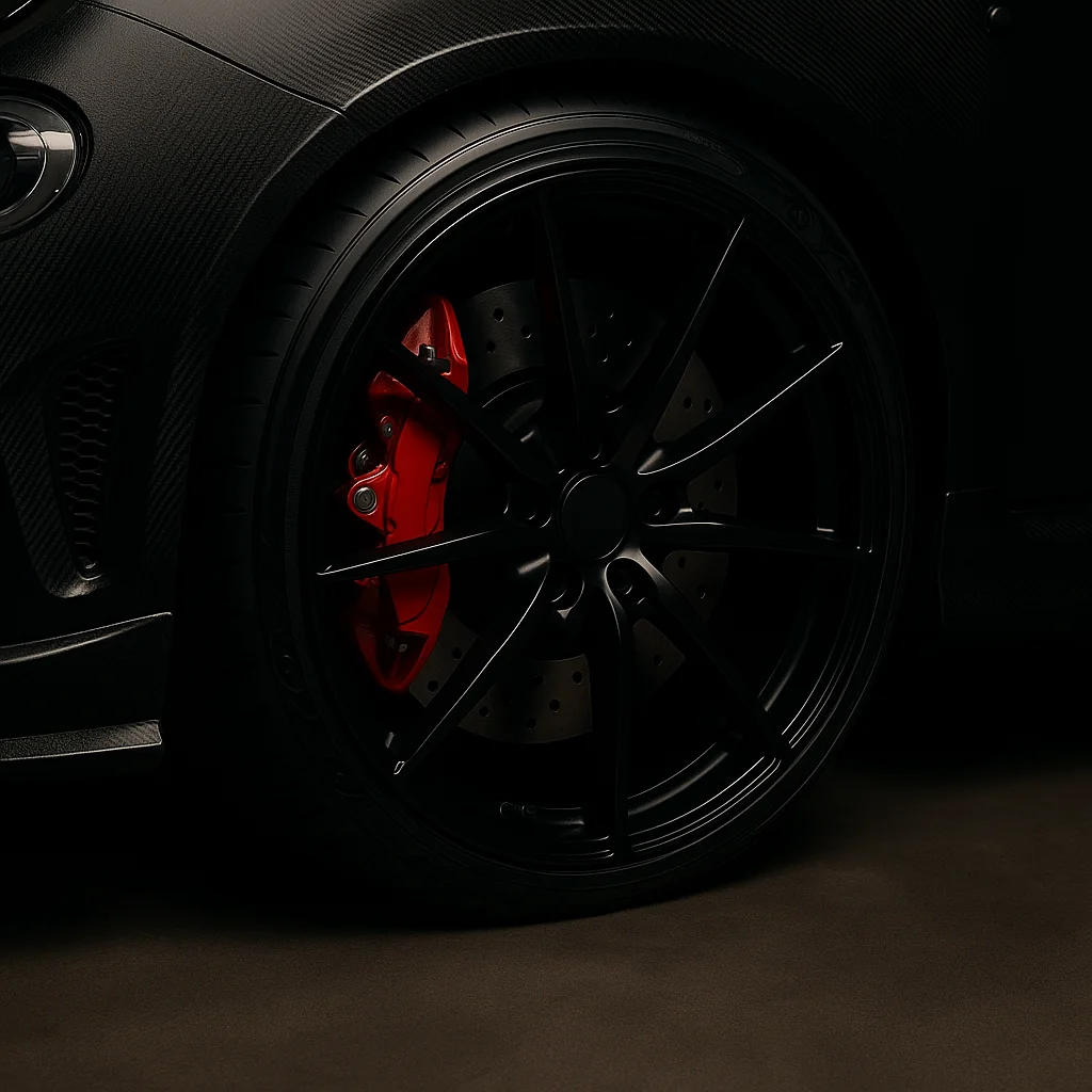 Impianto frenante sportivo con pinza rossa e disco forato su ruota Abarth