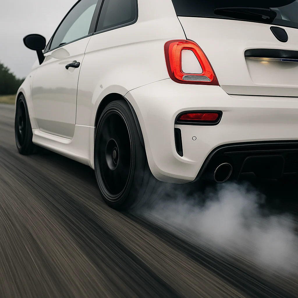 Abarth in accelerazione con Launch Control e fumo dagli pneumatici
