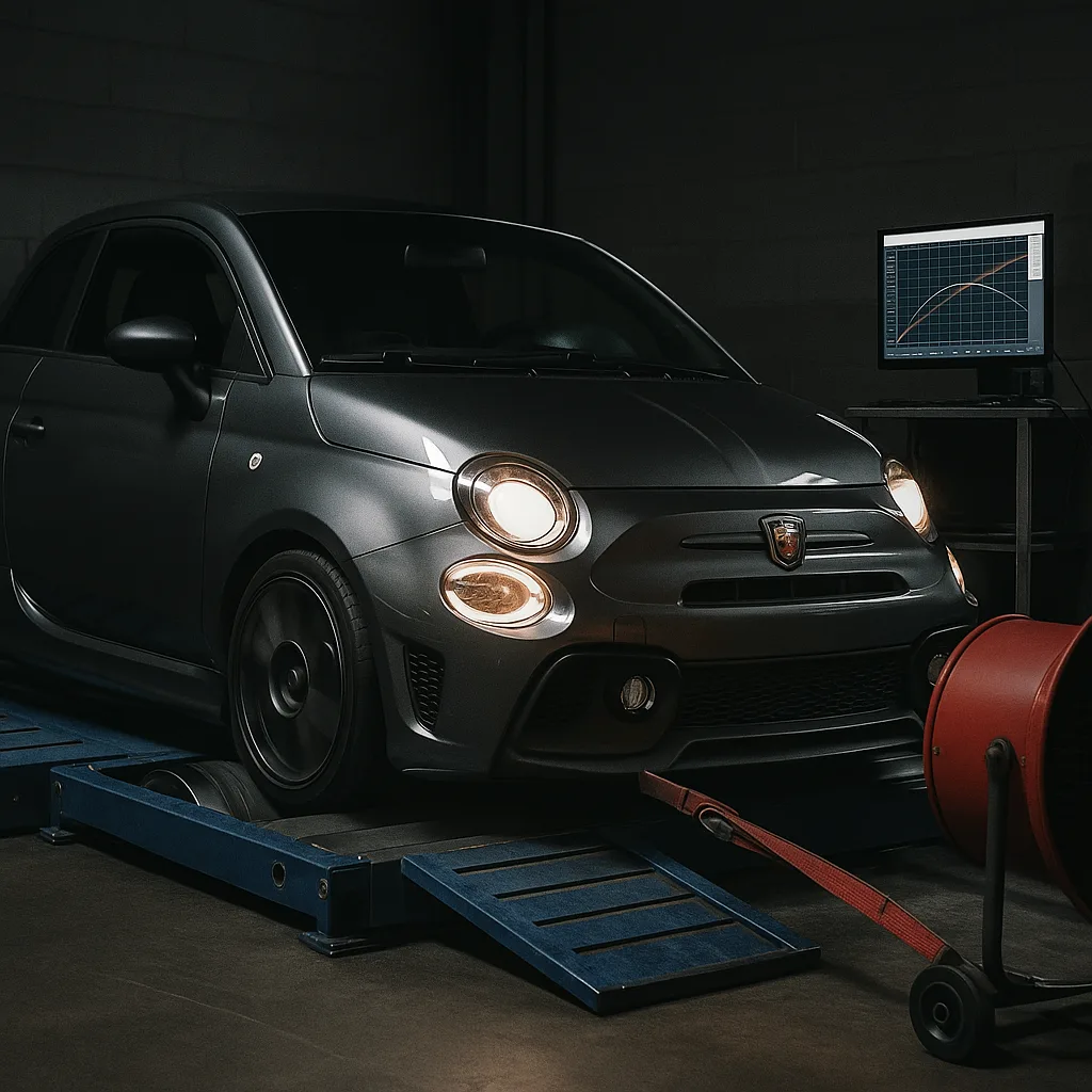 Abarth 500 su banco prova per mappatura centralina e test potenza