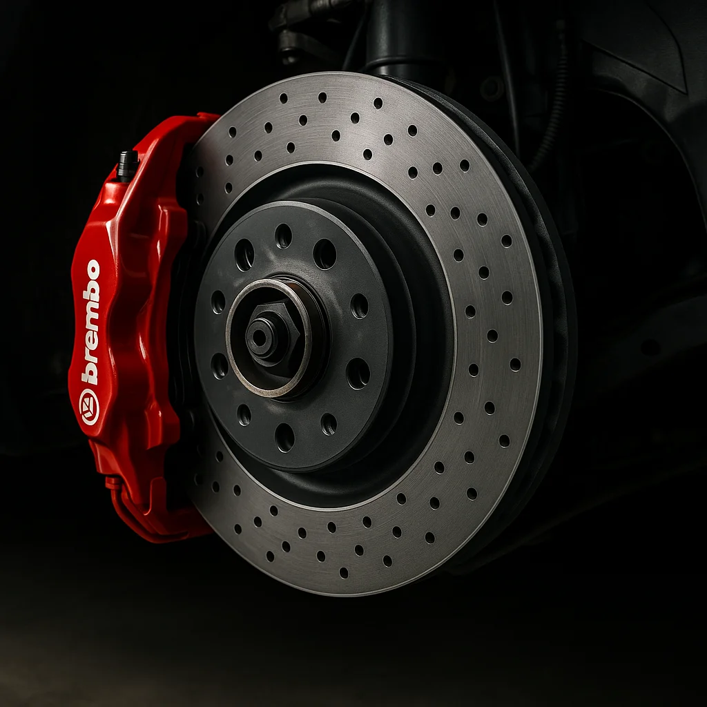 Pinza freno Brembo rossa con disco forato ad alte prestazioni su Abarth