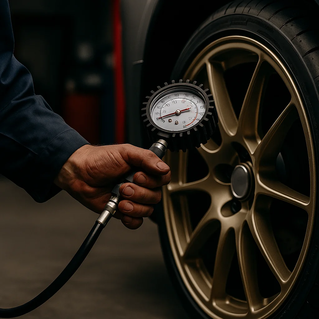 Misurazione pressione pneumatici su ruota sportiva Abarth con manometro