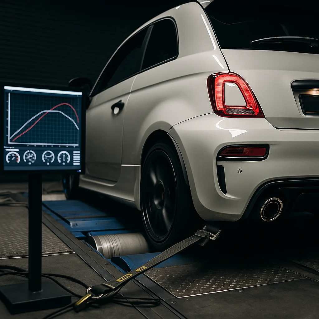 Abarth sul banco prova durante taratura motore e mappatura centralina