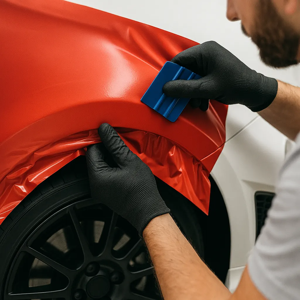 Applicazione di pellicola wrapping rossa sulla carrozzeria di un’auto